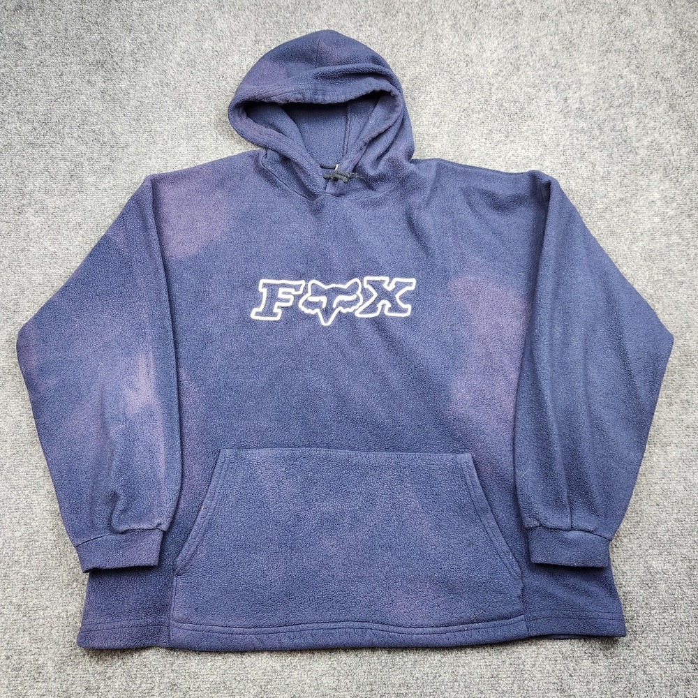 Vintage Fox Hoodie Mens 2XL Blue Fleece Pullover Logo Sweatshirt USA Made 90s